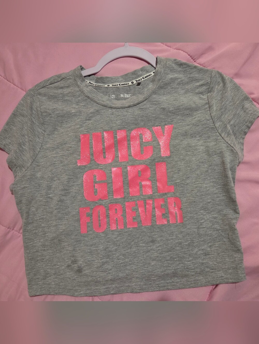 Juicy Couture "Juicy Girl Forever" Gray Crop Top with Pink Glitter Logo